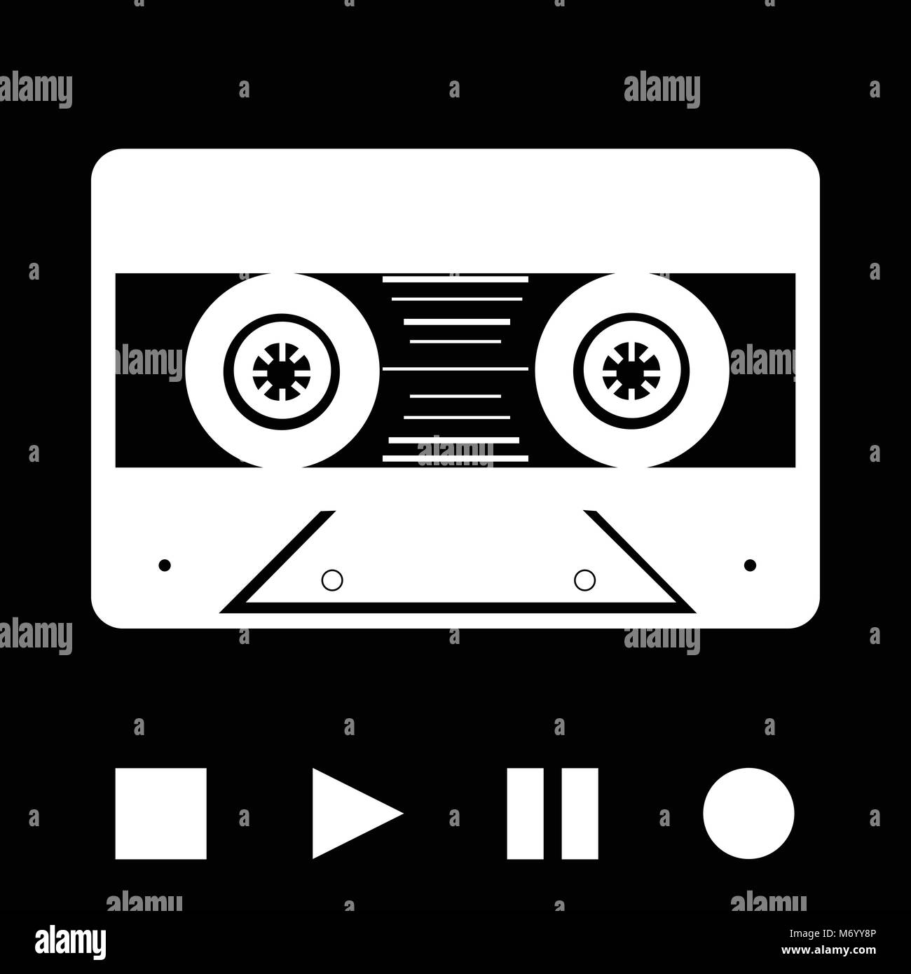 White Silhouette of Vintage Music Tape Cassette and Play Stop Pause and Record Buttons Over Black Background Stock Vector