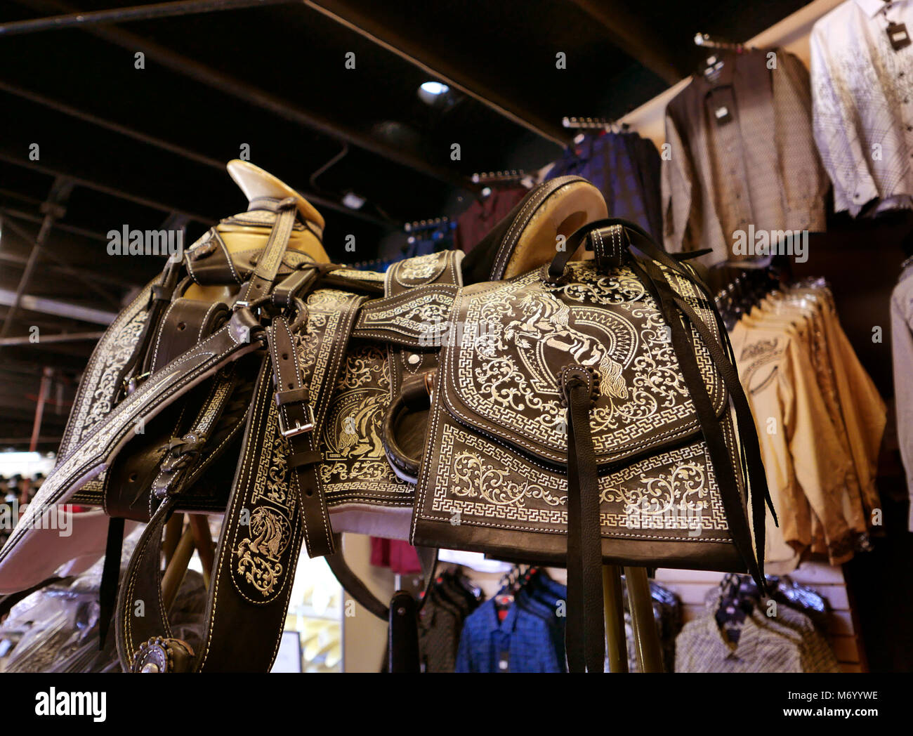 Ornate Mexican Saddle on sale at popular open air store in the Mercado
