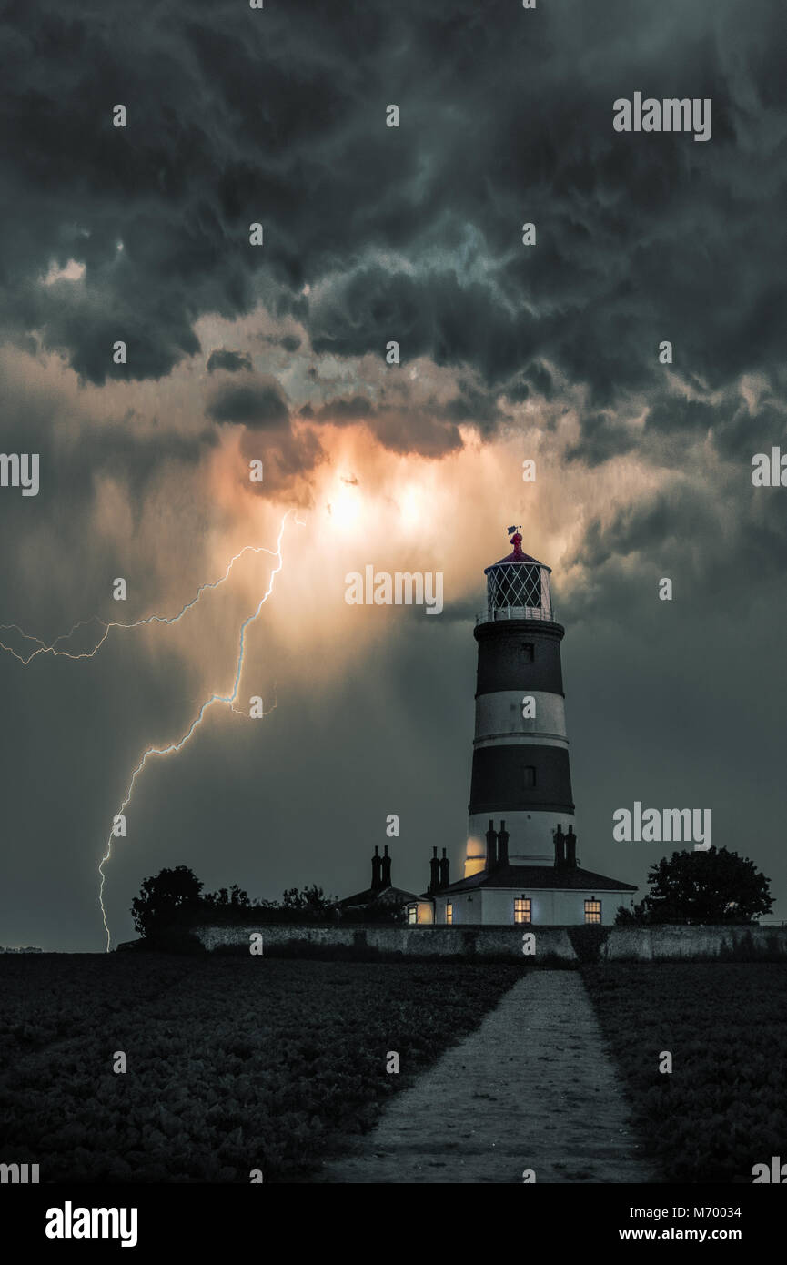 A digital image of a lighthouse in a thunderstorm, toned in green and