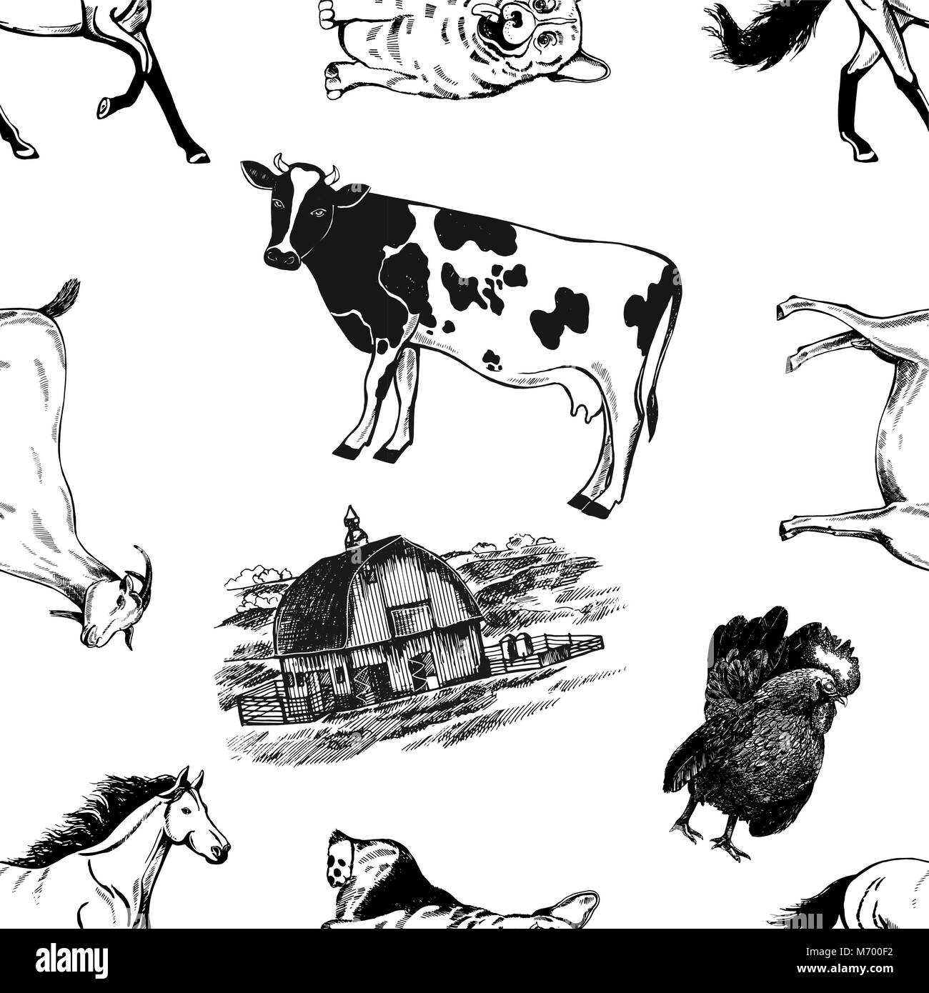 Seamless pattern of hand drawn sketch style farm building and animals ...
