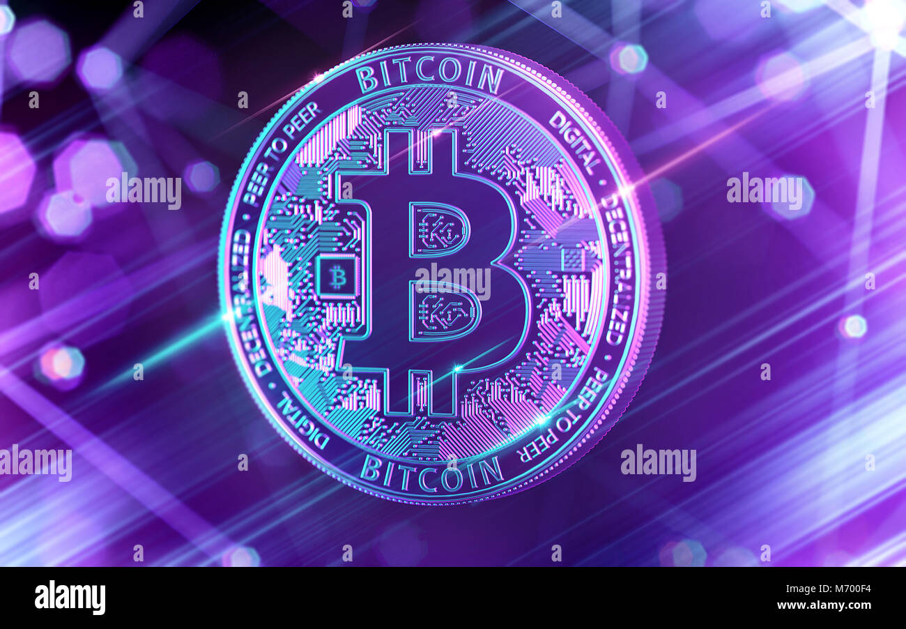 Neon glowing Bitcoin (BTC) in Ultra Violet colors with cryptocurrency blockchain nodes in blurry background. 3D rendering Stock Photo