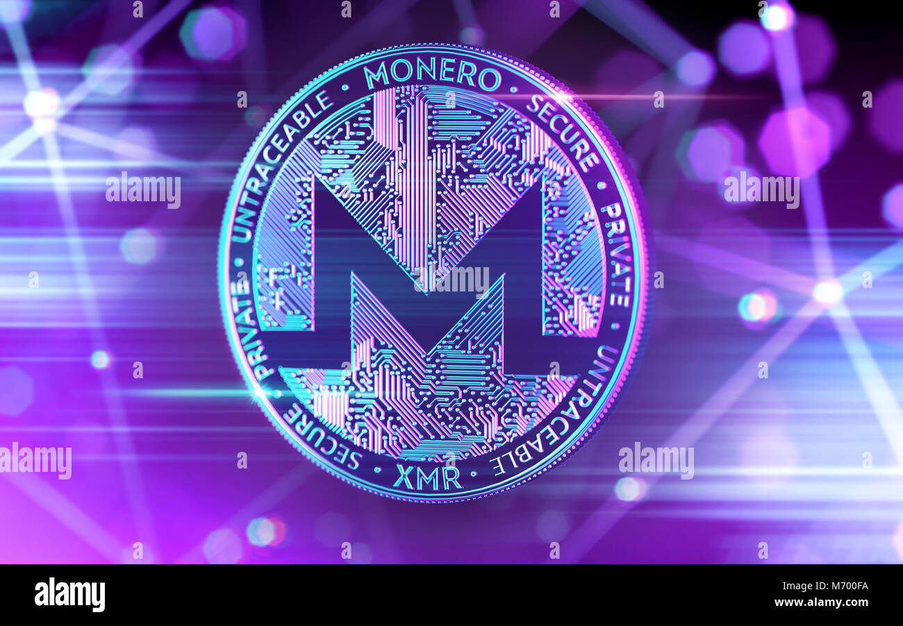 Neon glowing Monero (XMR) coin in Ultra Violet colors with cryptocurrency  blockchain nodes in blurry background. 3D rendering Stock Photo - Alamy