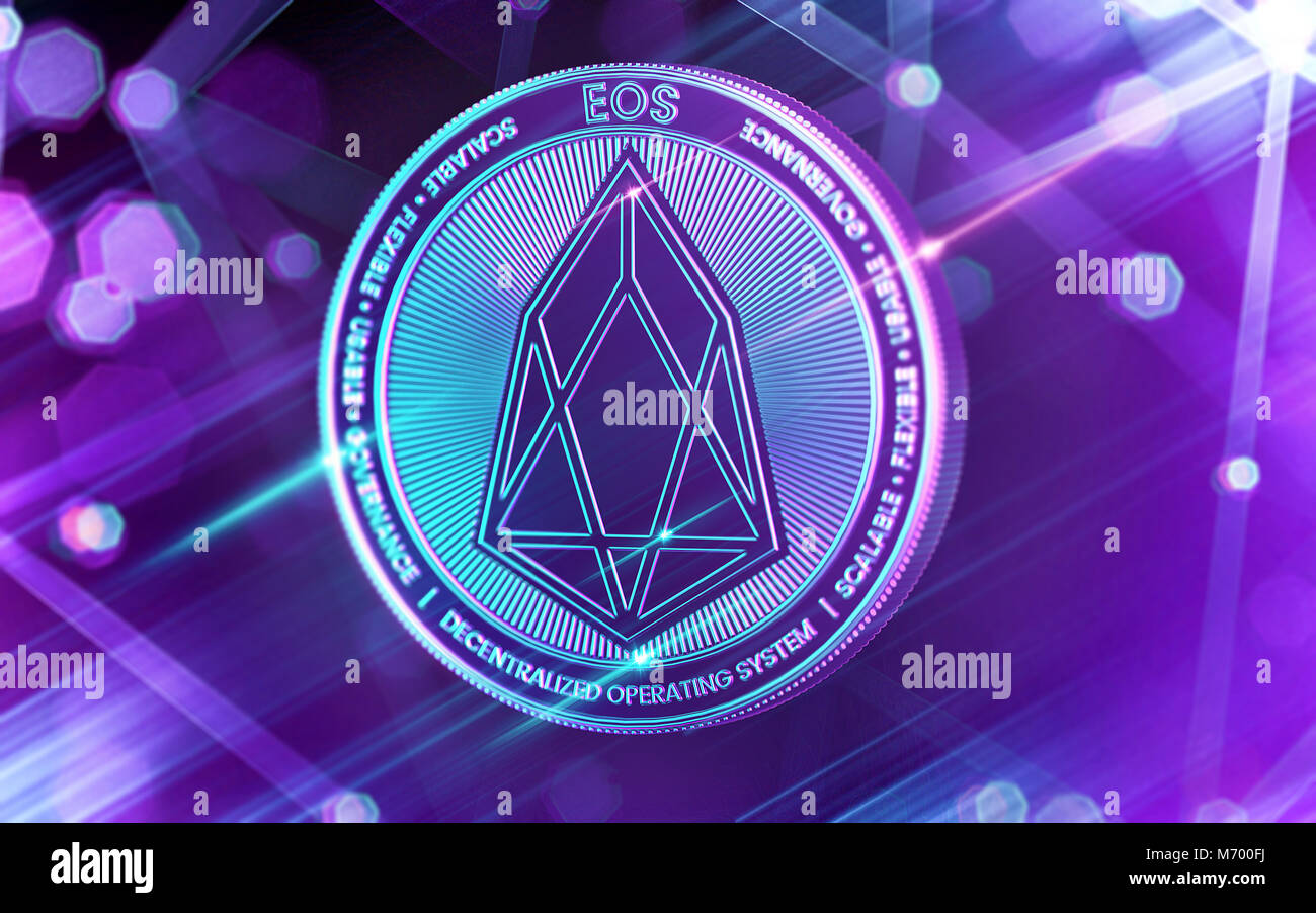 Neon glowing EOS coin in Ultra Violet colors with cryptocurrency blockchain nodes in blurry background. 3D rendering Stock Photo