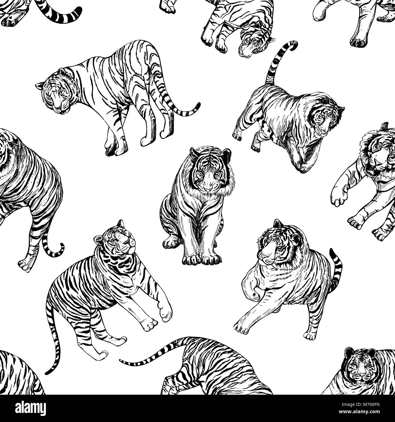 Seamless Pattern Of Hand Drawn Sketch Style Tigers Vector Illustration Isolated On White 