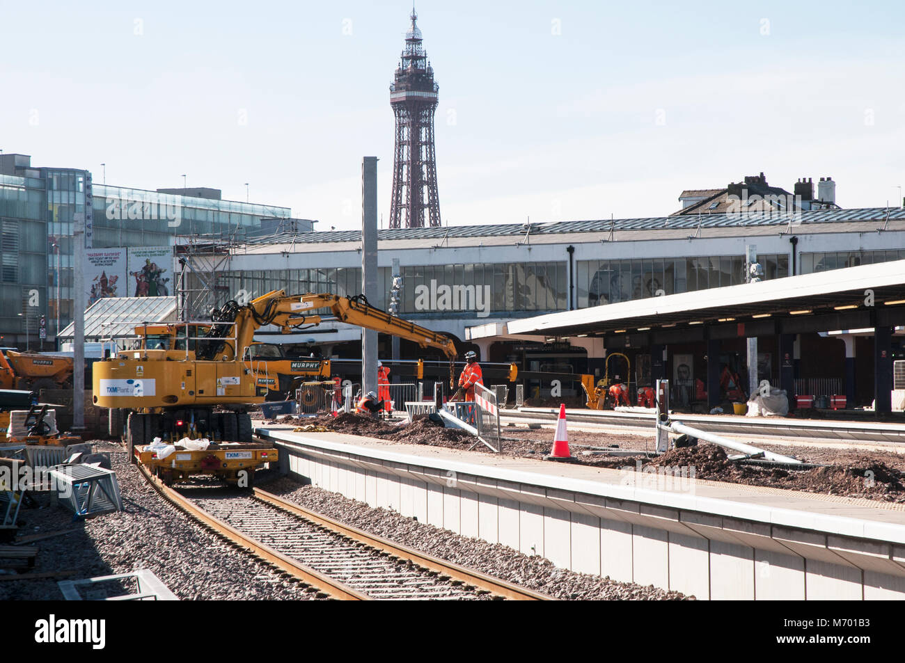 Preparing Platforms and overhead gantrys at Blackpool North station for electrification of railway line from Preston Stock Photo