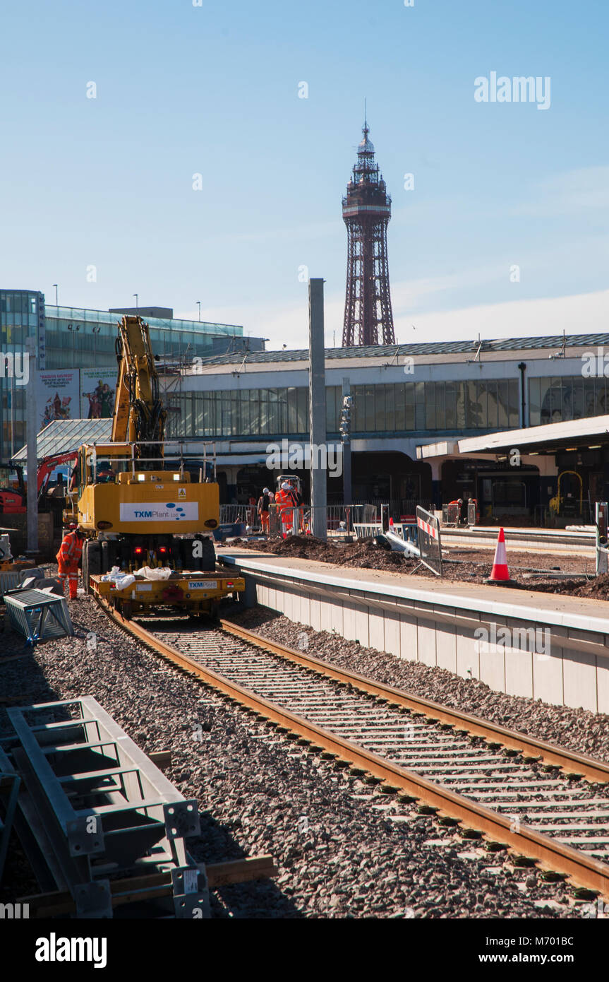 Preparing Platforms and overhead gantrys at Blackpool North station for electrification of railway line from Preston Stock Photo