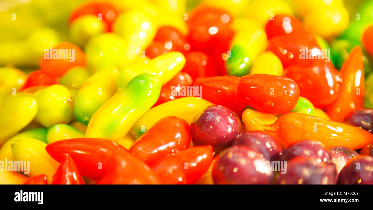 Traditional Thai dessert derived from marzipan, called Luk Chup, Look choop or Look Chub, use green beans (mung beans) as main ingredient. It is molde Stock Photo