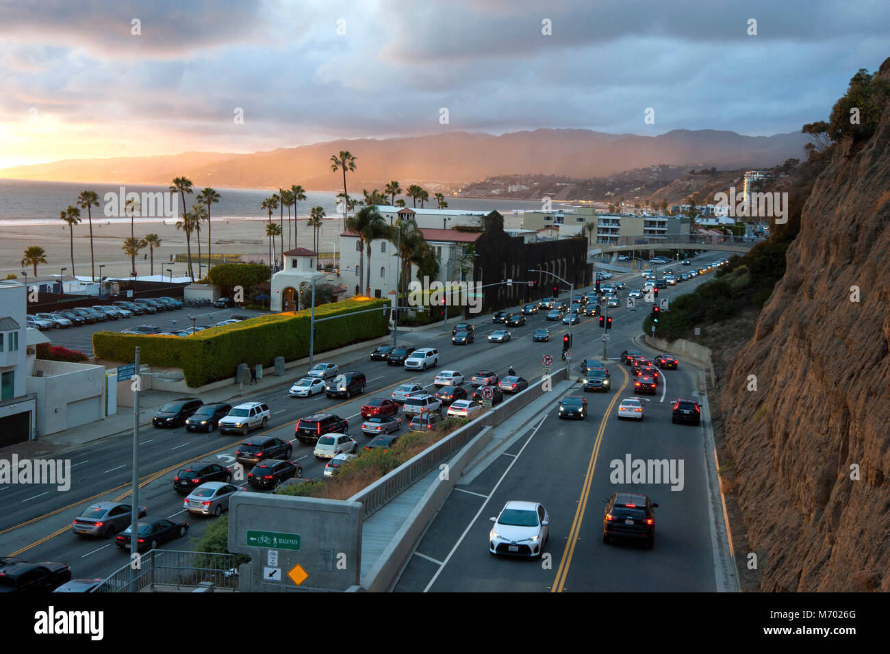 The California Incline meeting the Pacific Coast Highway in Santa Monica, California Stock Photo