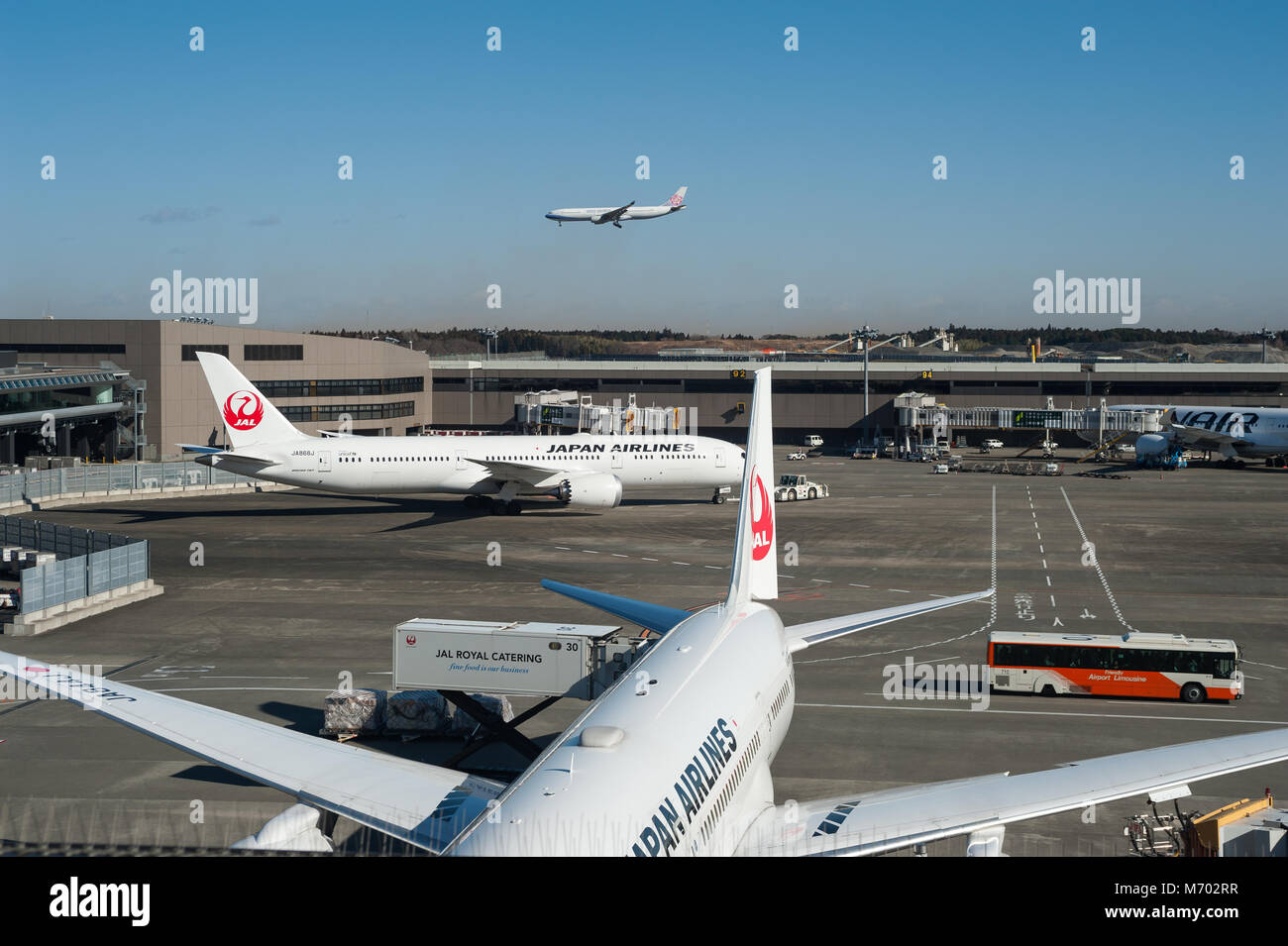 03.01.2018, Tokyo, Japan, Asia - Japan Airlines passenger planes are seen at Tokyo's International Airport Narita. Stock Photo