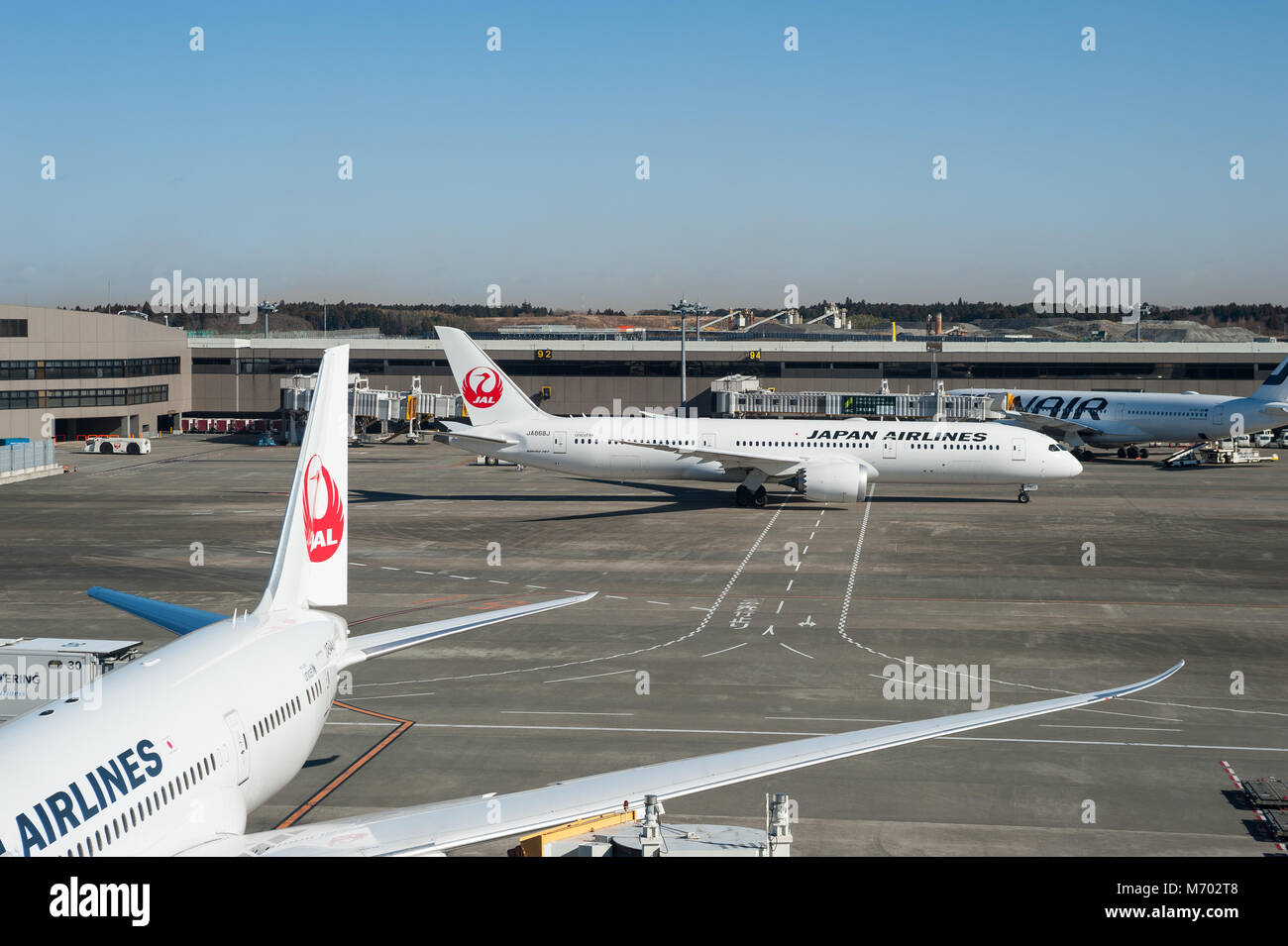03.01.2018, Tokyo, Japan, Asia - Japan Airlines passenger planes are seen at Tokyo's International Airport Narita. Stock Photo