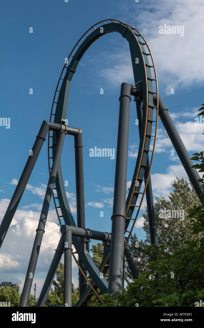 Red Roller-coaster Track inside Public Amusement Park Stock Photo - Alamy