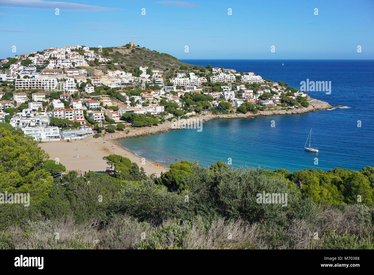 Spain Costa Brava, Cala Montgo bay in l'Escala town, Catalonia, Alt Emporda, Girona, Mediterranean sea Stock Photo