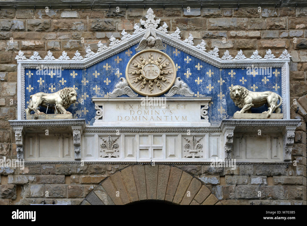Florence, Tuscany, Italy - September 16, 2017: Portal at the entrance at the Palazzo Vecchio on the Piazza della Signoria im historic center of Floren Stock Photo
