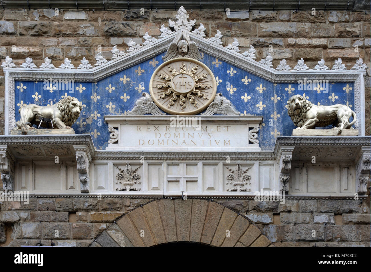 Florence, Tuscany, Italy - September 16, 2017: Portal at the entrance at the Palazzo Vecchio on the Piazza della Signoria im historic center of Floren Stock Photo