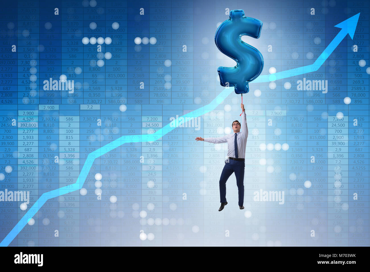 Businessman flying on dollar sign inflatable balloon Stock Photo - Alamy