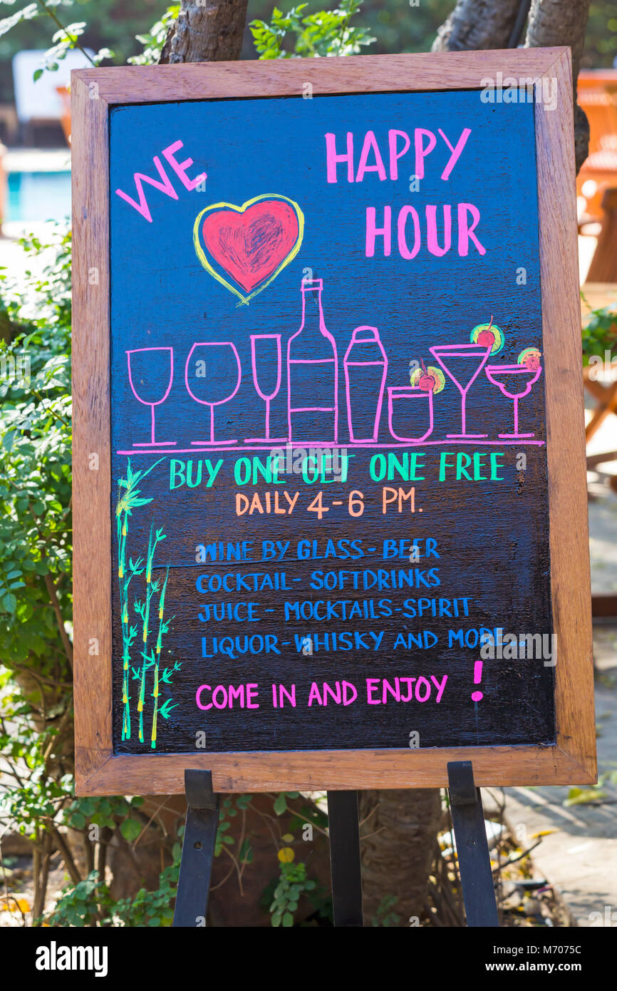 Happy hour details on blackboard at Tharabargate Hotel, Tharabar Gate Hotel,  Bagan, Myanmar (Burma), Asia in February Stock Photo - Alamy