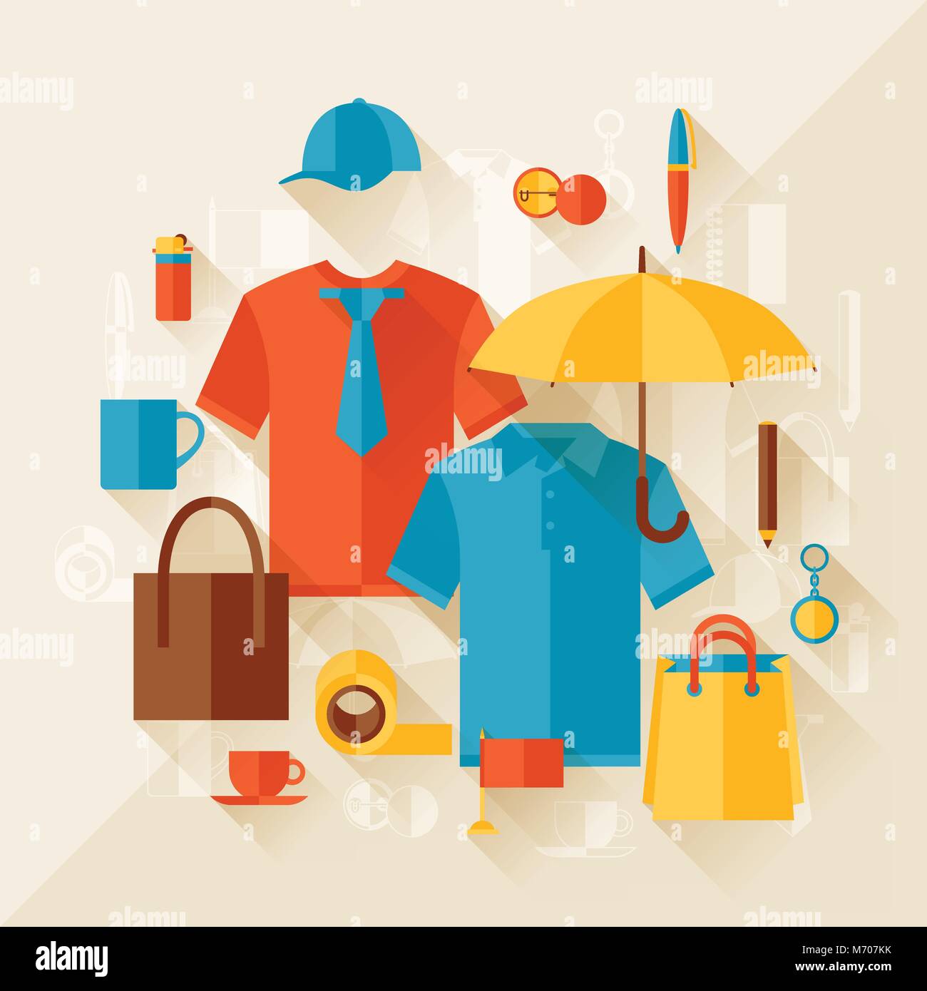 Advertising background with promotional gifts and souvenirs Stock