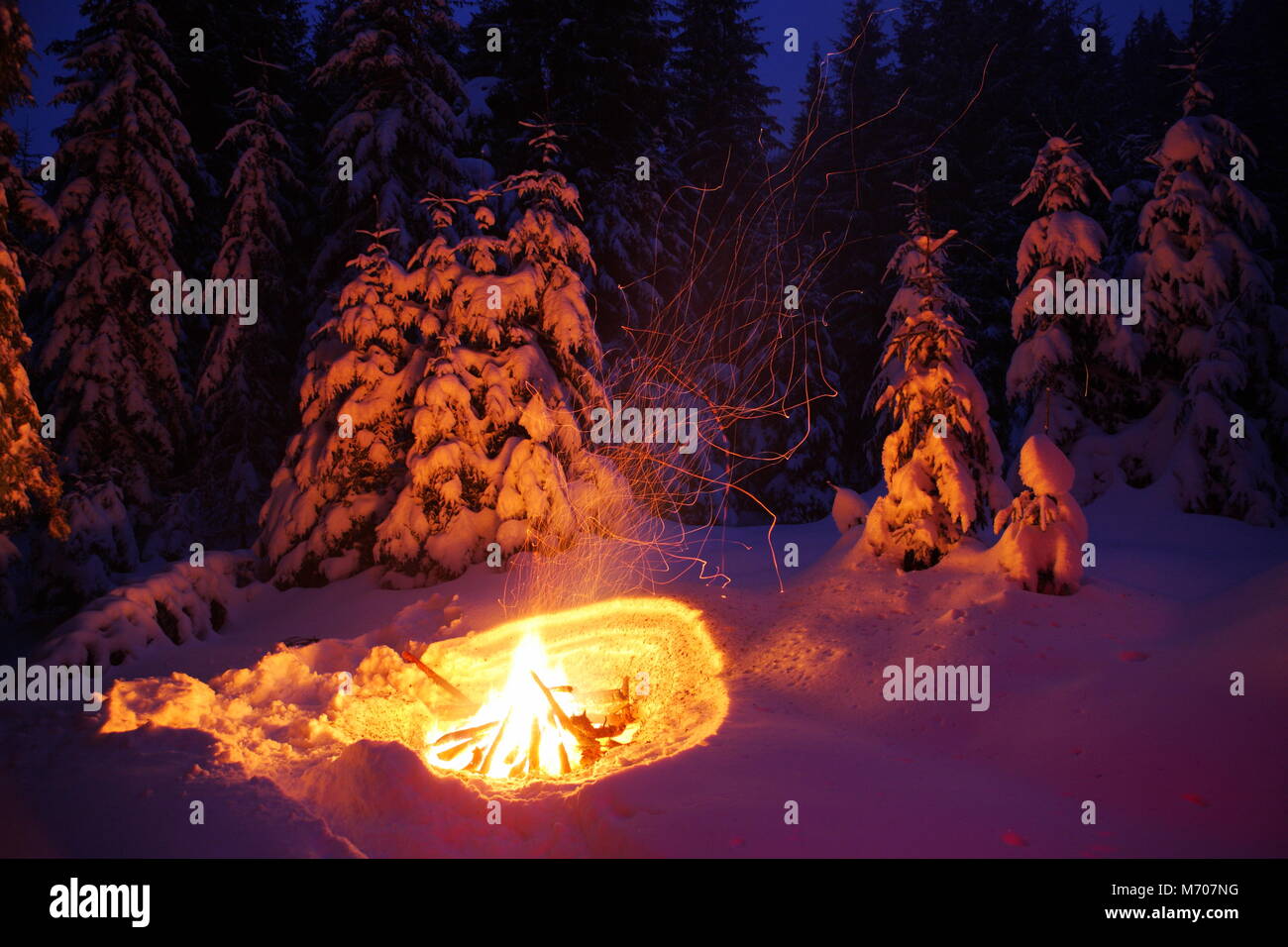 Bonfire in the winter forest illuminates the snow. Carpathians, winter ...