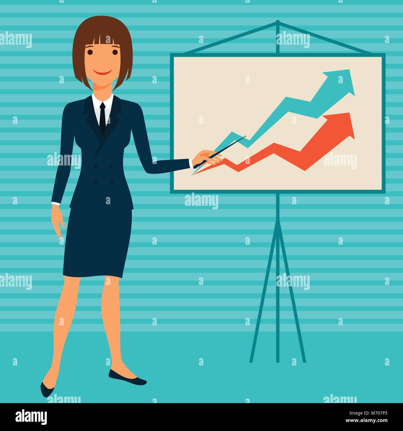 Illustration of young business lady showing infographic Stock Vector