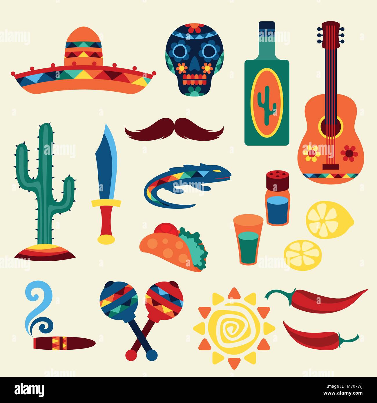 Collection of mexican icons in native style Stock Vector