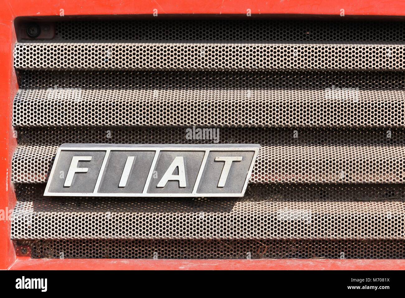 Barro, France - September 24, 2017: Fiat logo on a car. Fiat Chrysler Automobiles is an Italian-American corporation Stock Photo