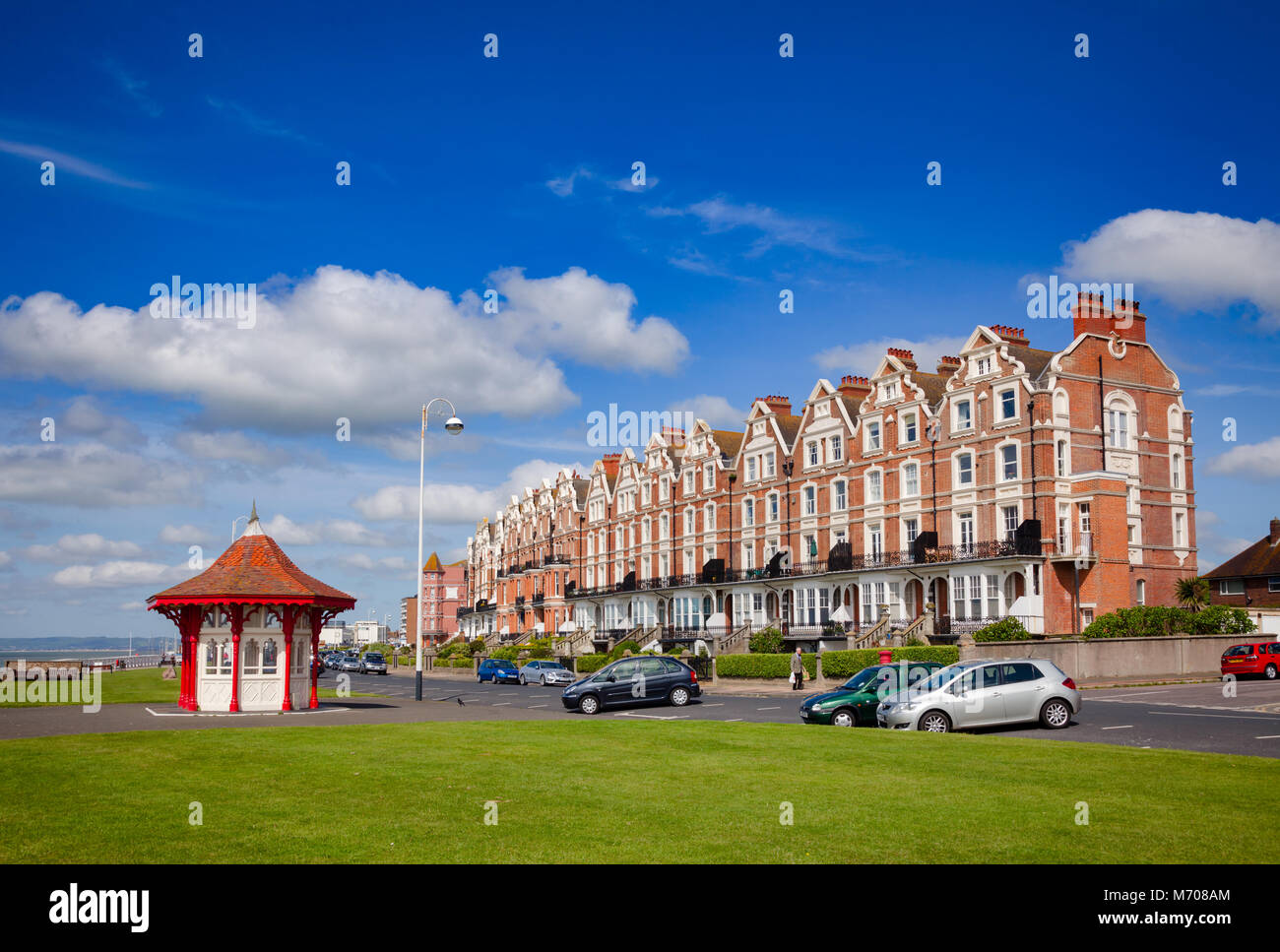 BEXHILLONSEA, UK JUN 4, 2013 Victorian wooden seafront shelter and