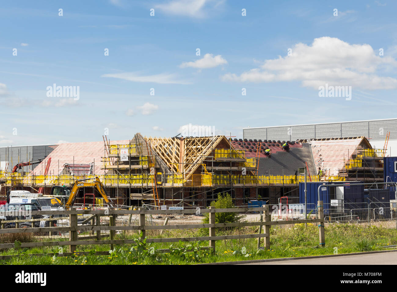 New Pine Tree Farm pub carvery restaurant being built at Logistics North, Bolton. The pub is part of the Greene King, Farmhouse Inns branded chain. Stock Photo