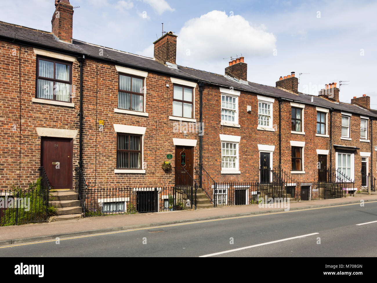 Step Houses (Friendly Society Houses) in Fox Lane, Leyland, Lancashire. These houses were built around 1802 with a basement intended for workshop use. Stock Photo