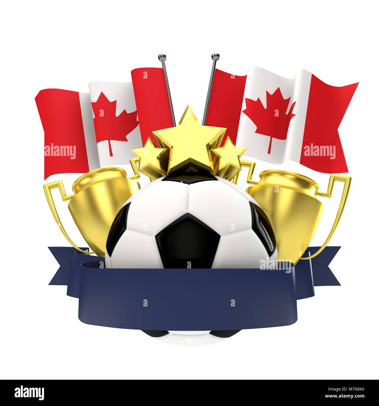 Canada flag football winners emblem with trophy, stars, ball and ribbon