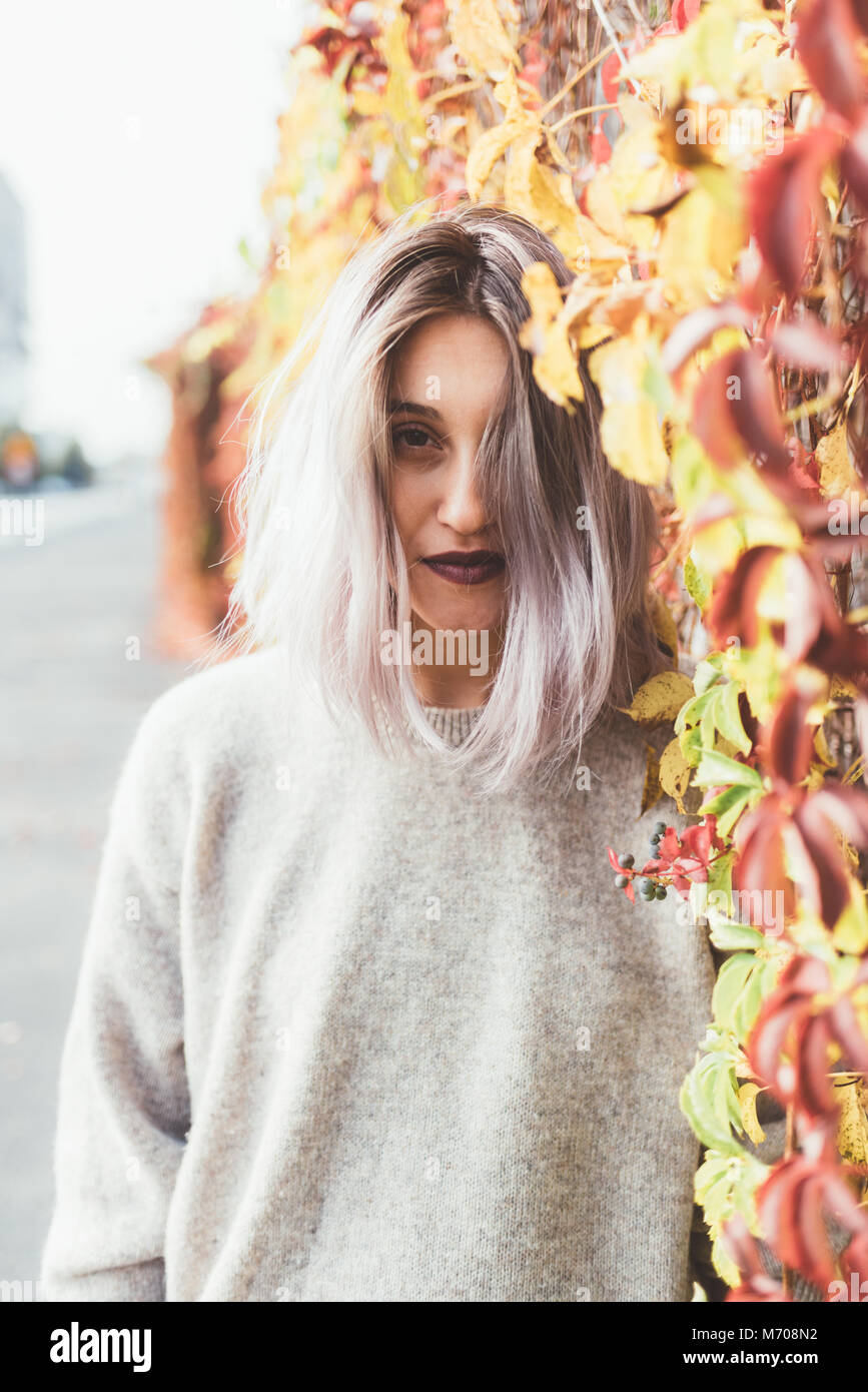 Waist Up Young Beautiful Caucasian Purple Grey Hair Woman
