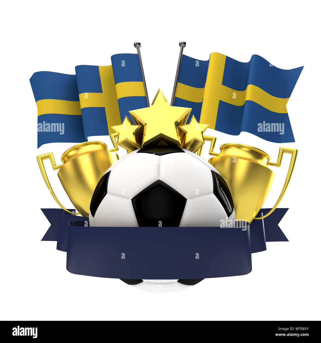 Sweden flag football winners emblem with trophy, stars, ball and ribbon. 3D Rendering Stock Photo