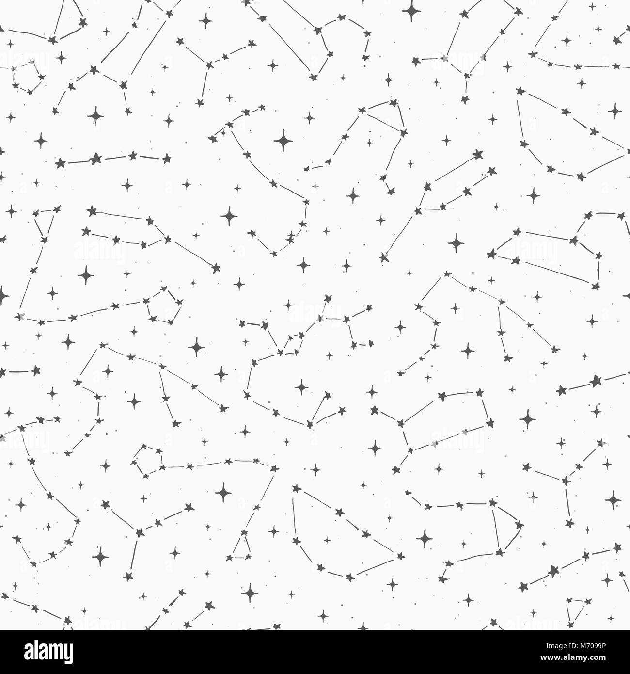 Hand drawn vector seamless pattern with zodiac constellations on the starry background. Space backdrop in sketch style. Stock Vector