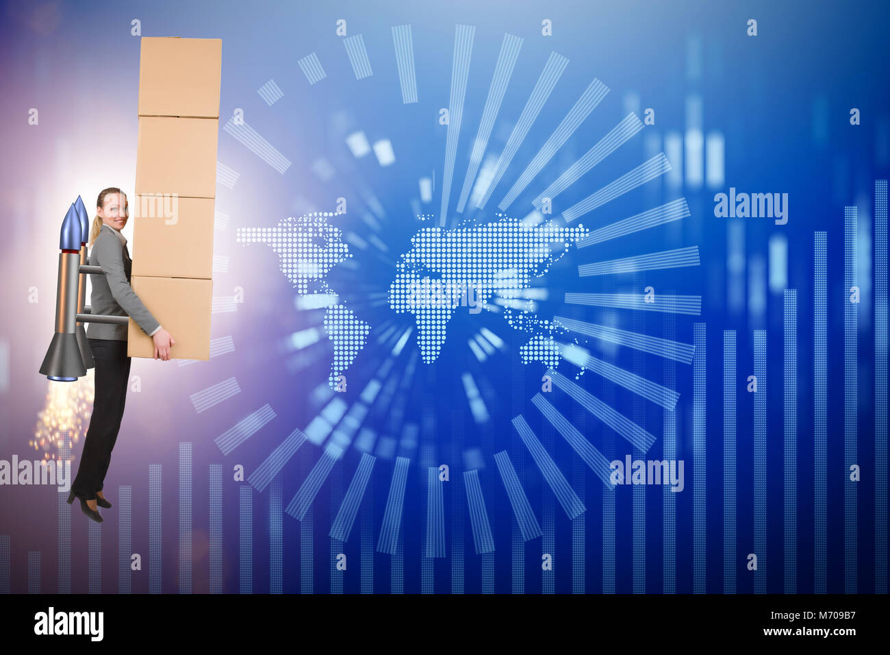 Woman flying jetpack and delivering boxes globally Stock Photo - Alamy