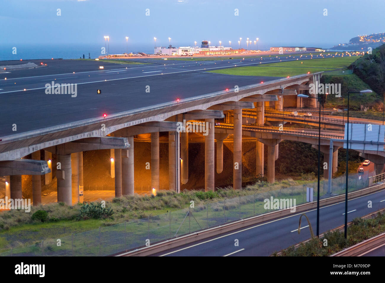 an evening overview of the extended runway at Funchal Cristiano Ronaldo International Airport, Madeira Stock Photo