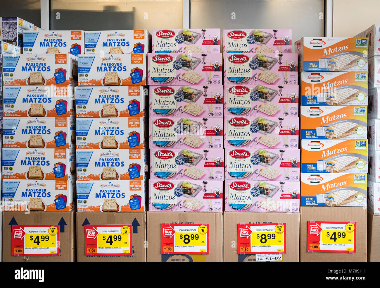 Boxes of Passover matzos for sale inside the Stop & Shop supermarket in Mt. Kisco, Westchester, New York. Stock Photo