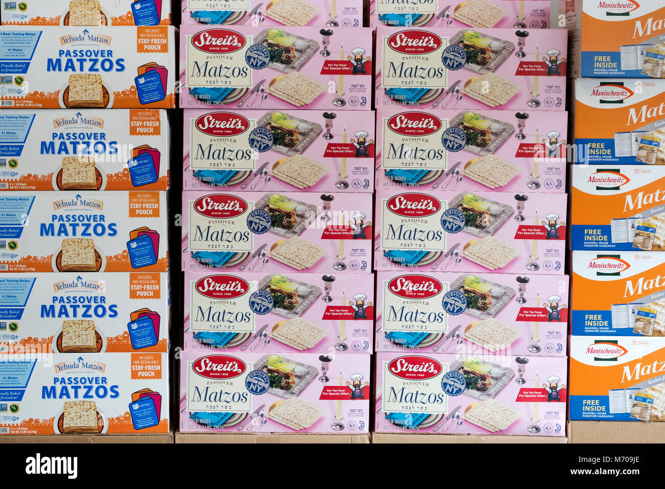 Boxes of matzoh for sale inside the Stop & Shop supermarket in Mt. Kisco, Westchester, New York. Stock Photo
