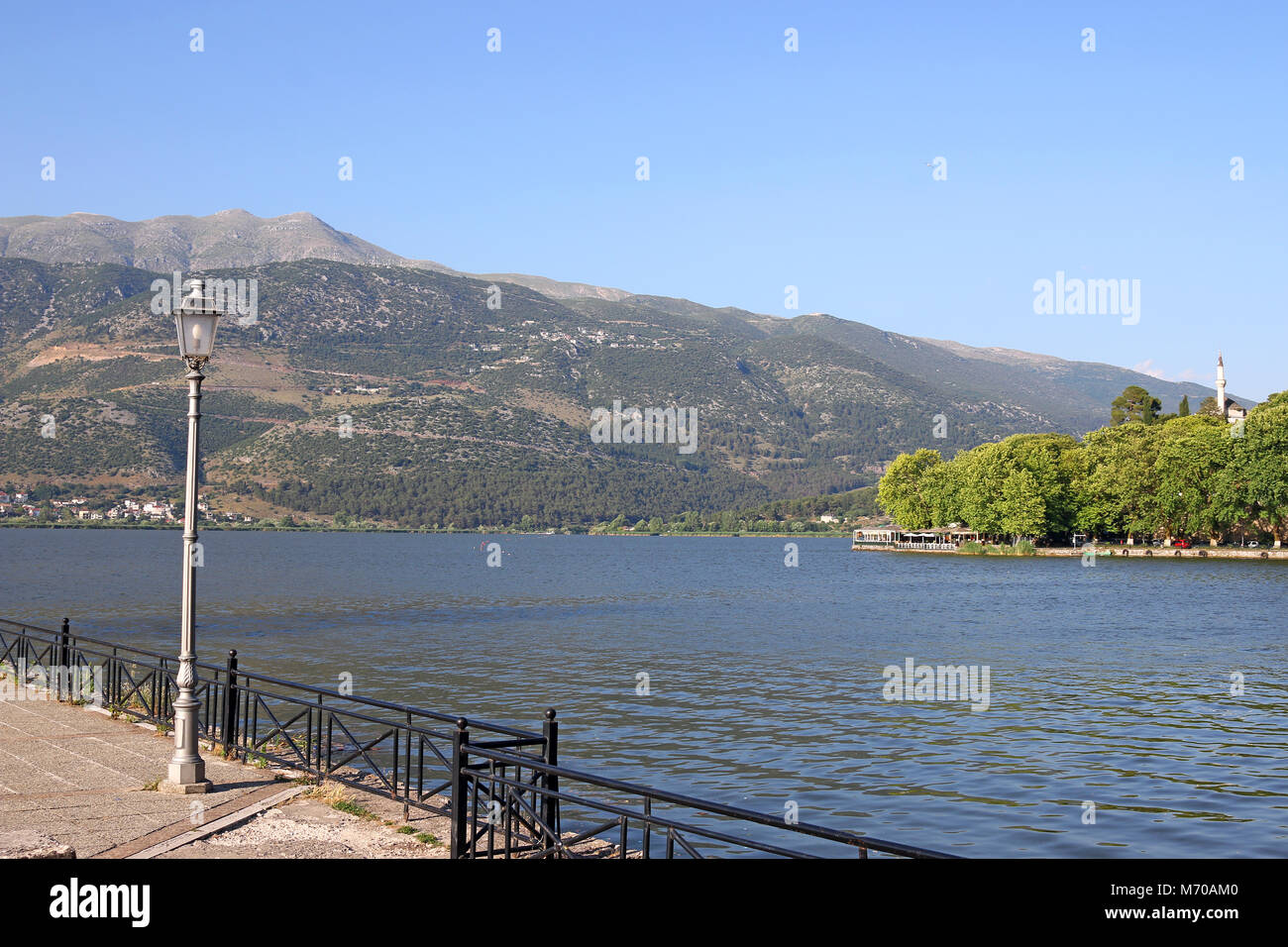 Ioannina lake and mosque landscape summer season Stock Photo