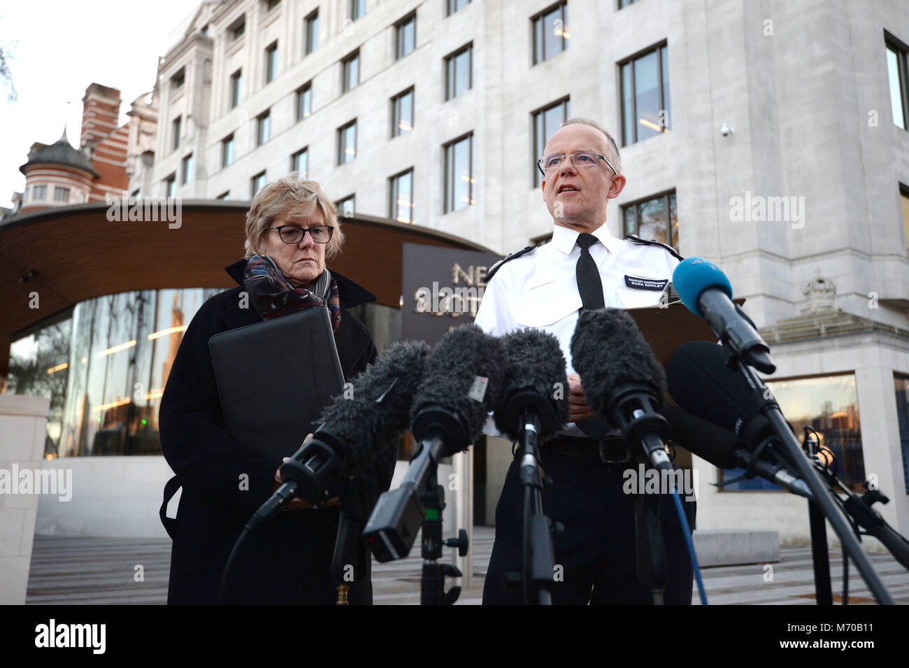 Head of counter-terrorism policing Assistant Commissioner Mark Rowley and England's chief medical officer Dame Sally Davies outside New Scotland Yard, central London giving an update on the ongoing incident after former Russian double agent Sergei Skripal and his daughter, Yulia, were found critically ill by exposure to an unknown substance in Salisbury. Stock Photo