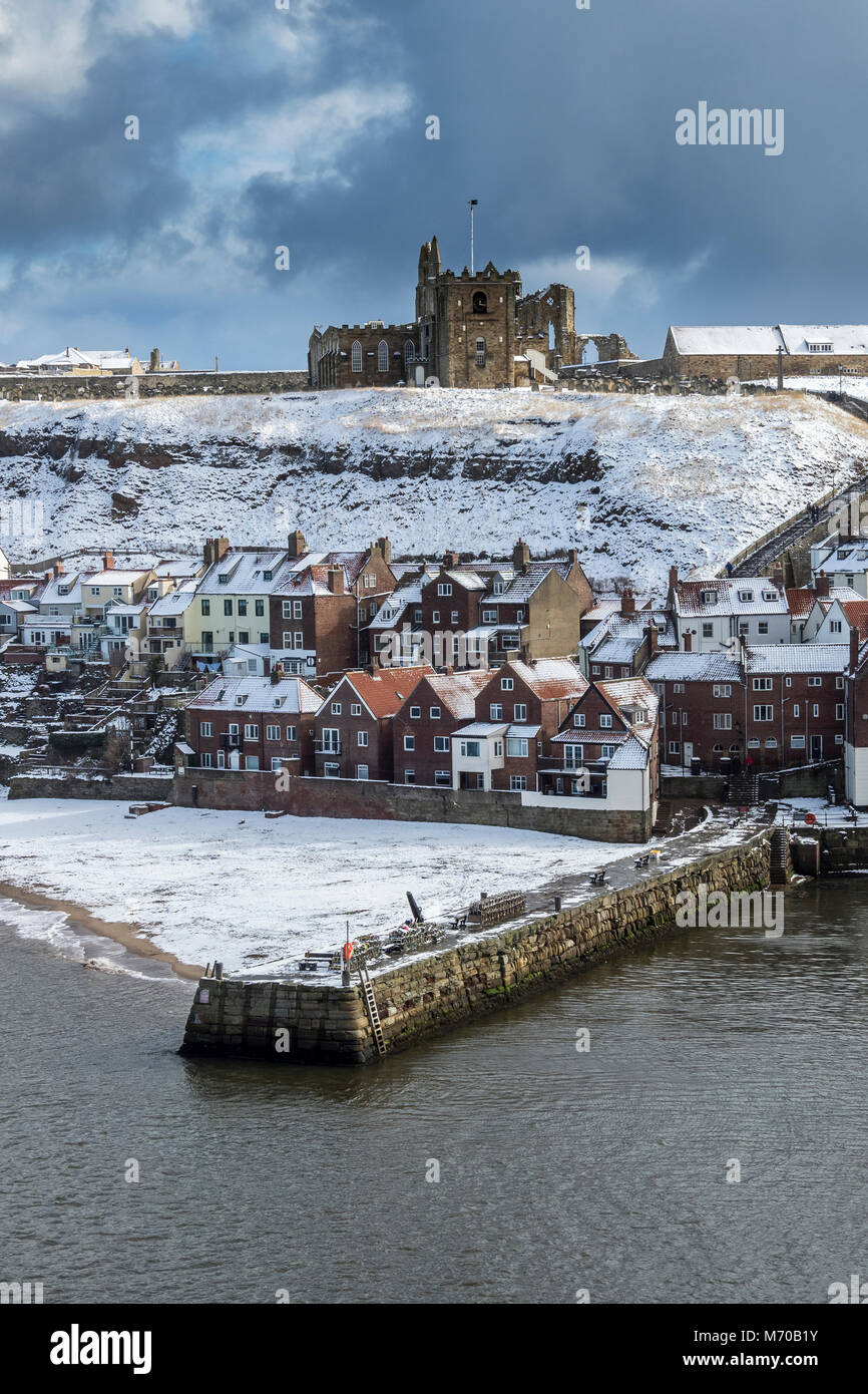 Whitby In Winter with Snow Fall, North Yorkshire Stock Photo Alamy