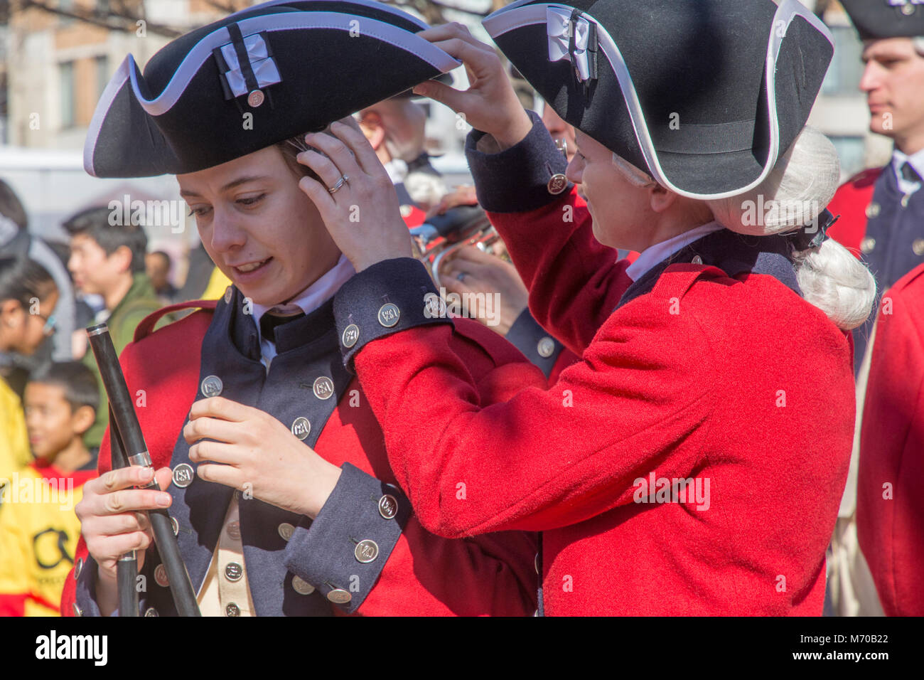 Members of the  United States Army Old Guard Fife and Drum Corps prepare to march in the 2018 Chinese New Year parade in Washington, DC. Stock Photo