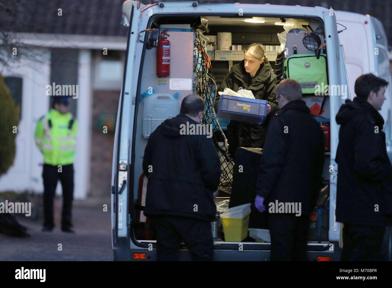 Police activity in the cul-de-sac in Salisbury that contains the home of former Russian double agent Sergei Skripal who was poisoned along with daughter Yulia with a nerve agent. Stock Photo