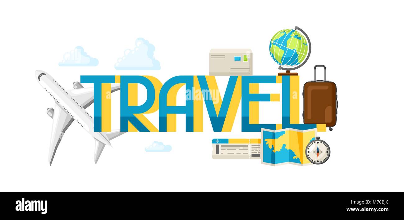 Travel concept illustration with tourist items and word Stock Vector