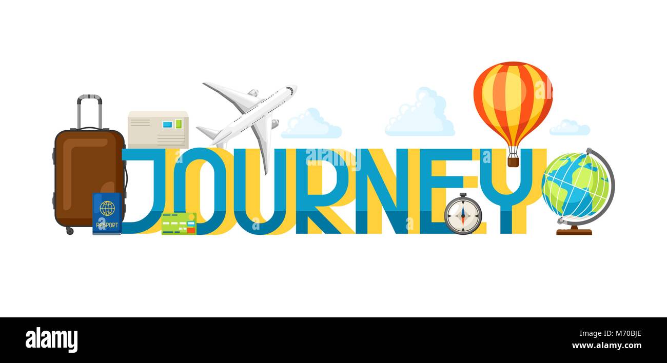 Travel concept illustration with tourist items and word Stock Vector