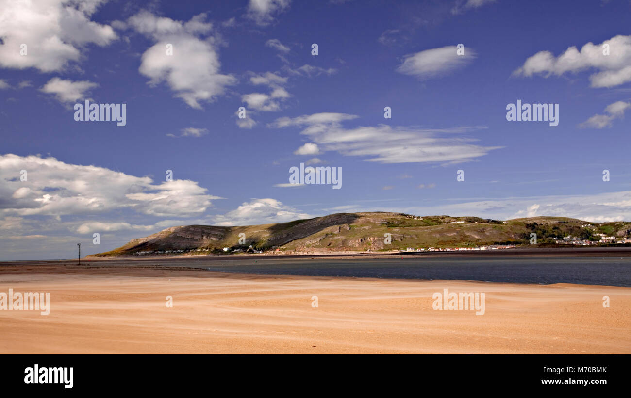 Blowing sand on the North Wales coast with the Great Orme headland in the background Stock Photo