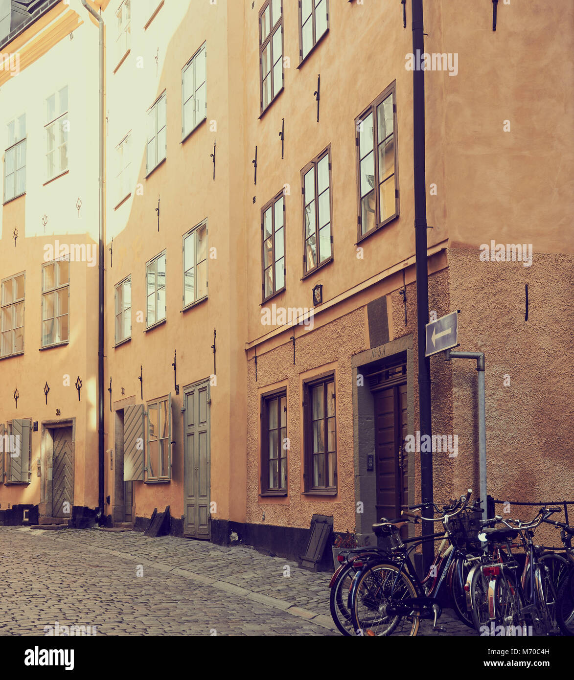 Narrow cobbled street in Gamla Stan, Stockholm's old town, Stockholm, Sweden, Scandinavia Stock Photo