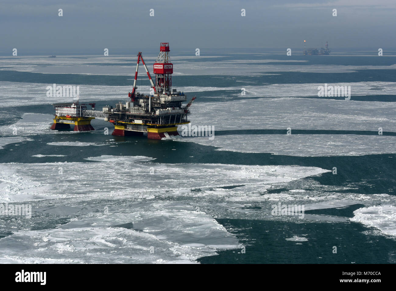 Oil rig platform on Lukoil Filanovsky oil field at the Caspian Sea