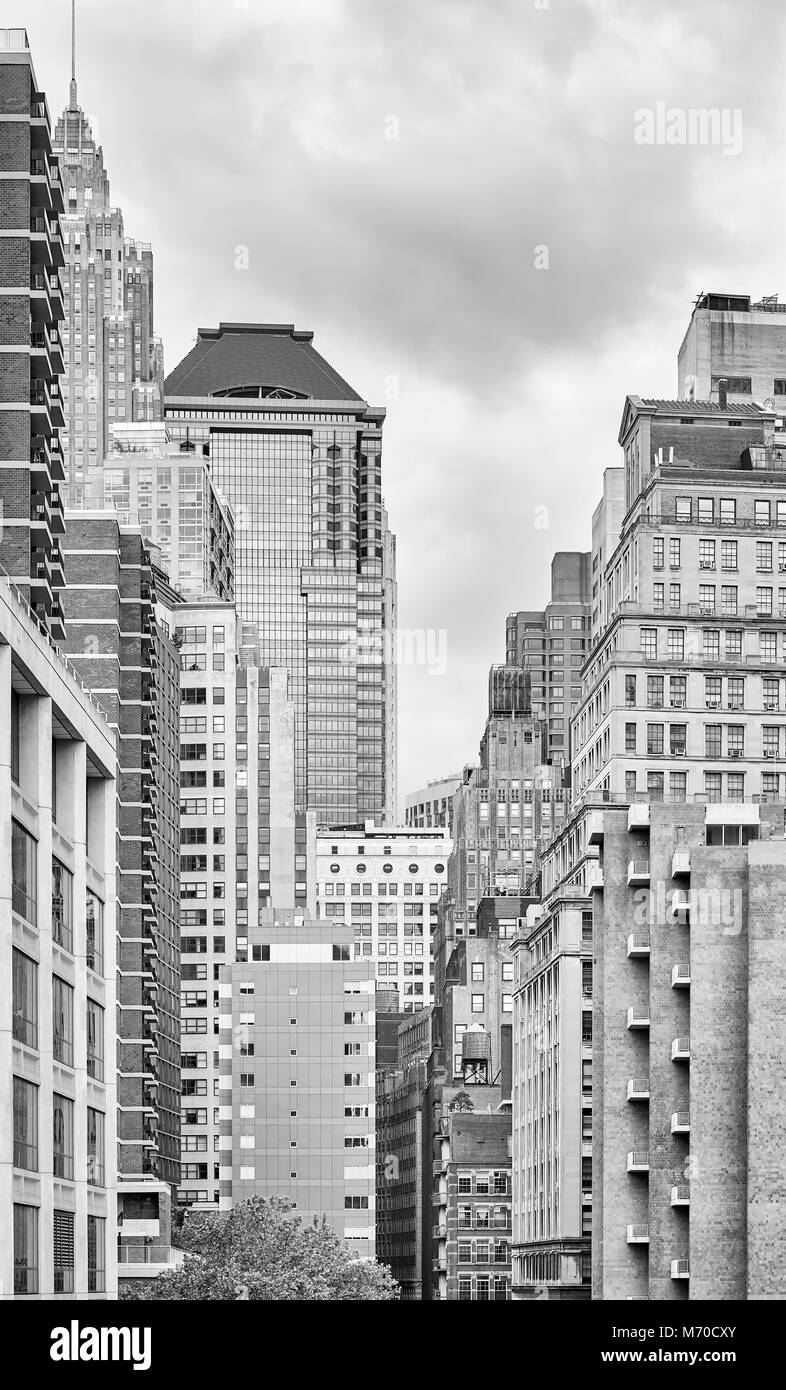 Black and white picture of the New York City buildings, USA. Stock Photo