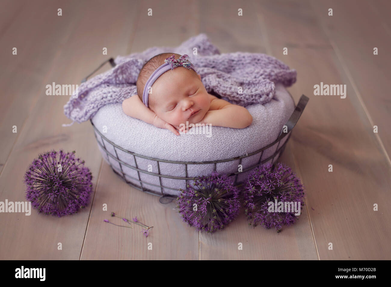 newborn baby sleeping in a basket, on a wooden background and purple onions Stock Photo