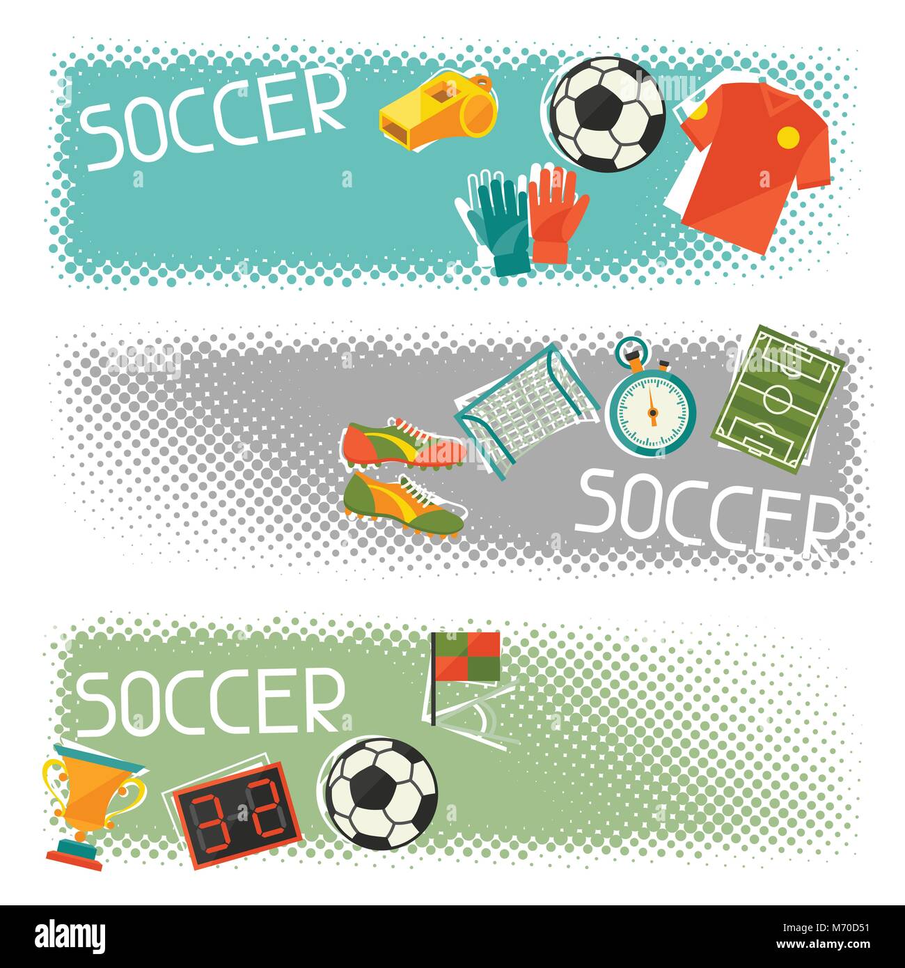 Sports horizontal banners with soccer (football) flat icons Stock ...