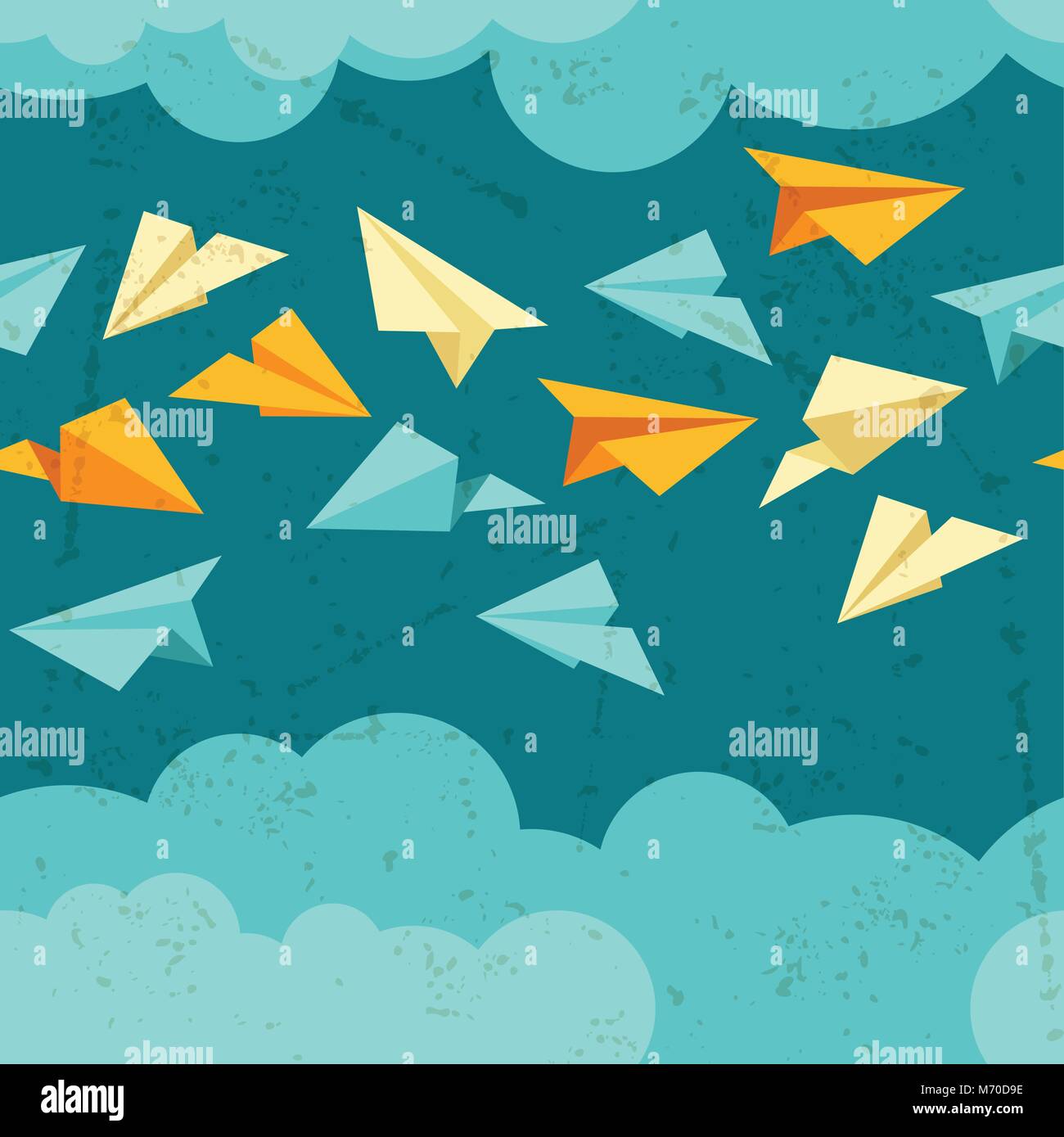 Seamless pattern of paper planes on the sky with clouds Stock Vector